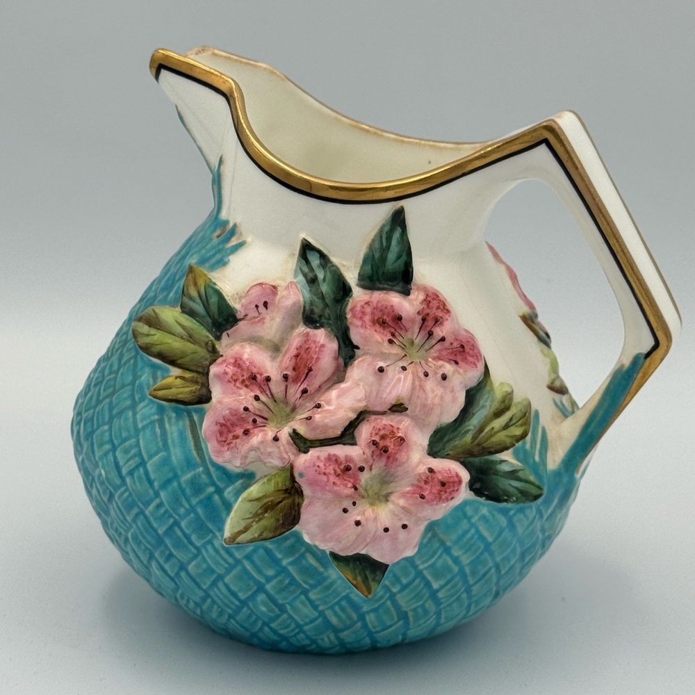 Antique George Jones 6” Pitcher Majolica Basket Weave Floral Gold